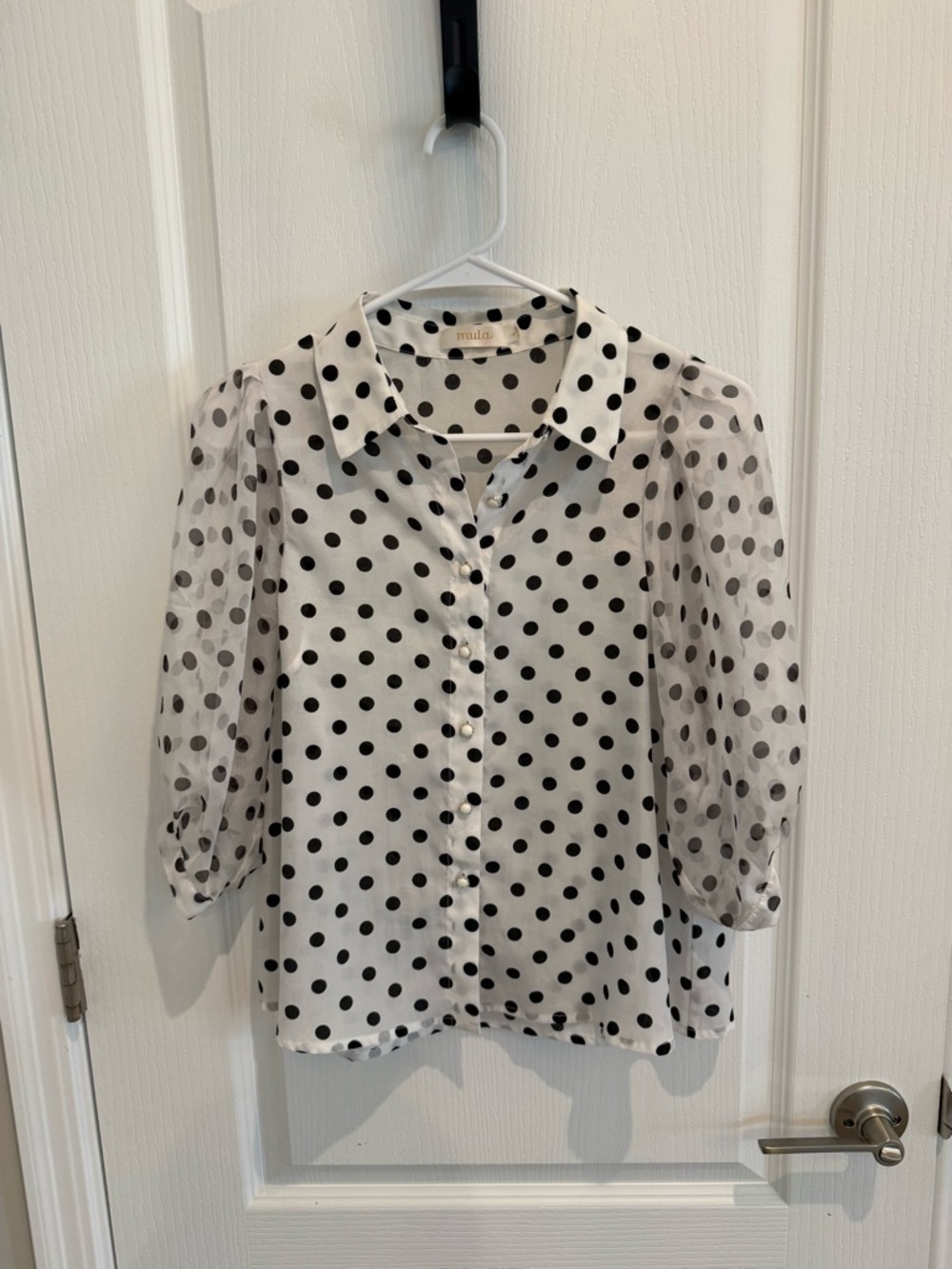 White Polka Dot Sheer Puff Sleeve Button-Up Blouse